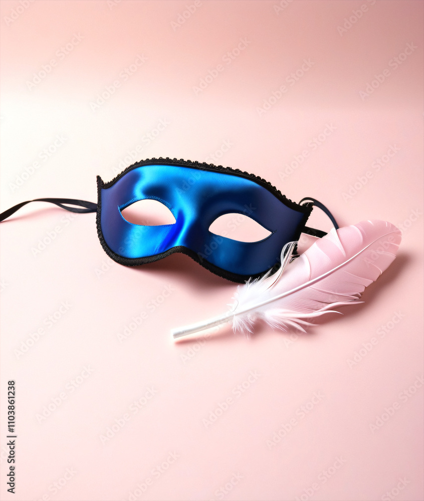 Poster soft focus photo shows a blue silk sleeping mask and feathers against a pale pink background with em
