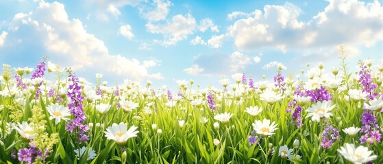 Fototapeta premium Breathtaking white and purple flowers in full bloom on a sunny spring day, vibrant colors, natural beauty, garden, botanical