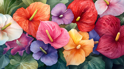 Vibrant tropical floral arrangement featuring hibiscus and violets in various colors, creating lively and cheerful atmosphere