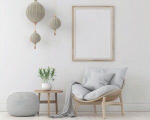 A cozy living room with a white armchair. a large framed canvas. a potted plant. and a side table in a minimalist design