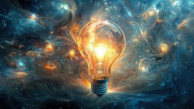 A glowing light bulb floats in a cosmic backdrop, symbolizing creativity, inspiration, and the infinite possibilities of the universe.
