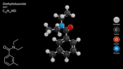 Molecule: Diethyltoluamide or DEET. Insect repellent. Molecular structure. Formula: C12H17NO. Chemical model: Ball and stick. Black background. 3D illustration.