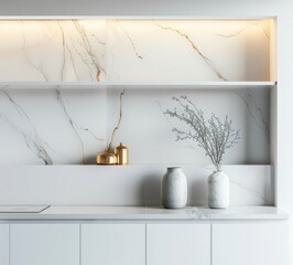 Minimalist interior design with a white marble wall. a wooden shelf. and a white cabinet