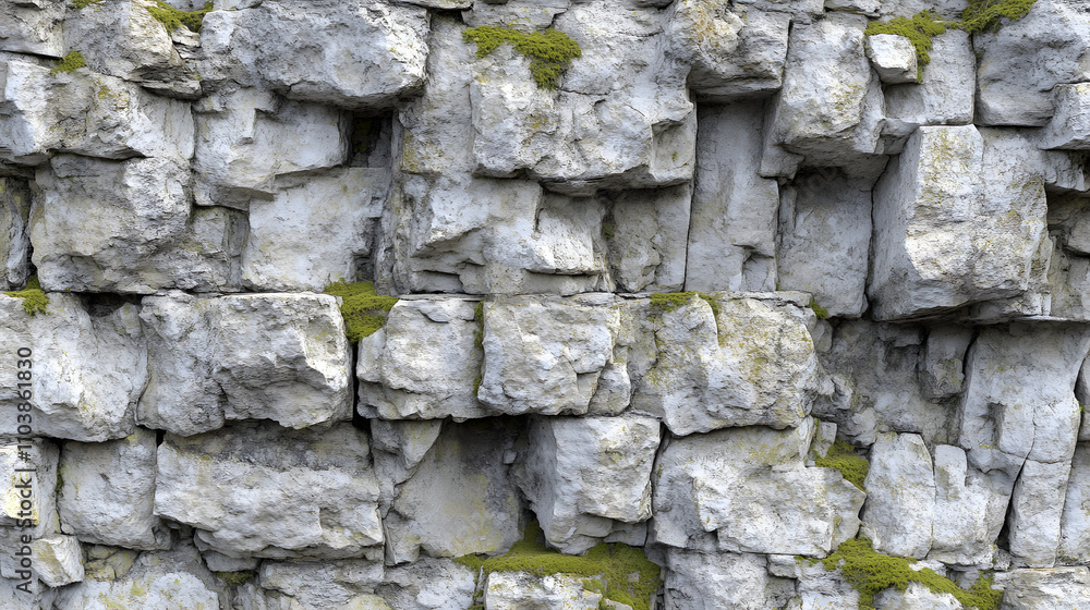 Poster close-up of a rugged stone wall, showcasing a rough, textured surface with patches of moss. the natu