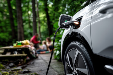 Family Enjoying Picnic at Scenic Rest Stop with Electric Vehicle Charging in Green Nature