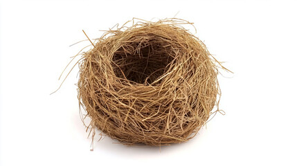 Obraz premium A bird's nest made of straw, isolated on a white background 