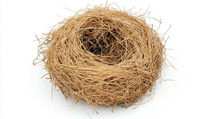 A bird's nest made of straw, isolated on a white background 