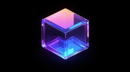 Vibrant glass cube with neon lighting on black background.