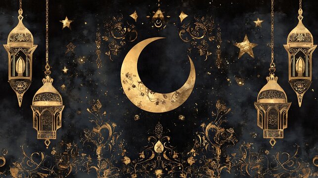 Golden crescent moon, stars, and ornate lanterns on a dark background.