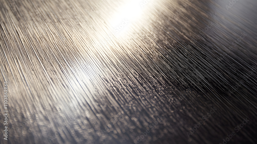 Poster close-up shot of a textured surface with parallel lines, reflecting light. the dark background contr