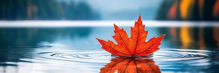 Serene Autumn Maple Leaf on Calm Water - A single vibrant red maple leaf floats gently on tranquil water, symbolizing autumn, peace, nature, transition, and reflection.