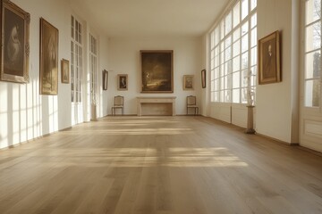 Obraz premium Sunlit gallery, paintings, wooden floor, calm.