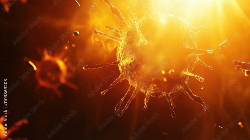 Poster abstract representation of viruses in a radiant orange environment with dynamic energy and light eff