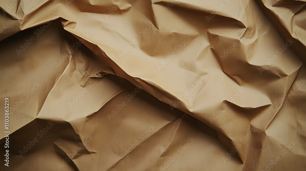 Poster close-up shot of crumpled light brown paper. the texture is rough and uneven, creating a dramatic in