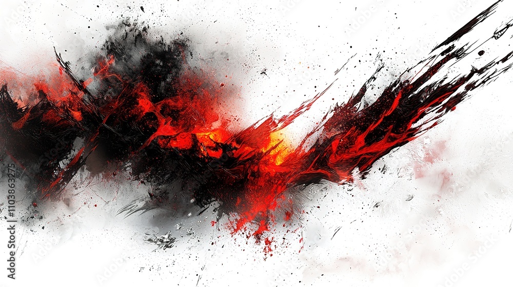 Poster a fiery abstract design featuring dynamic splashes of red and black against a white background.