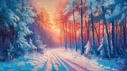 A vibrant winter landscape with snow-covered trees, a bright red sunrise
