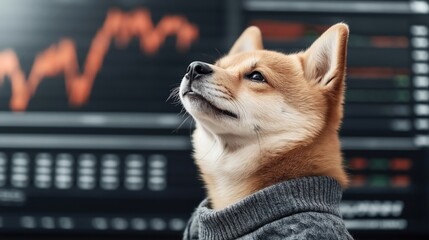 A Shiba Inu dog wearing a gray sweater stands in front of an electronic stock market display, featuring fluctuating red graphs and data in the background.