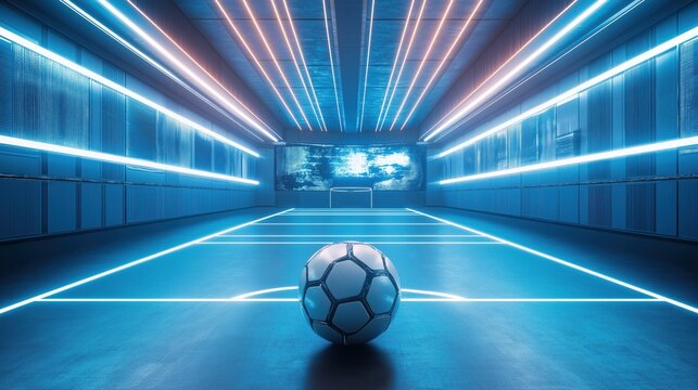 A soccer ball is on a field in a brightly lit room - Powered by Adobe