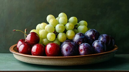 A vibrant assortment of fresh cherries, green grapes, and purple plums arranged on a decorative plate against a dark green background.