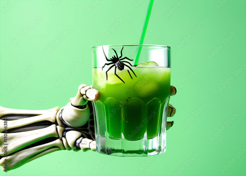 Poster skeleton hands hold a glass with green swamp punch and a floating spider on a light green background