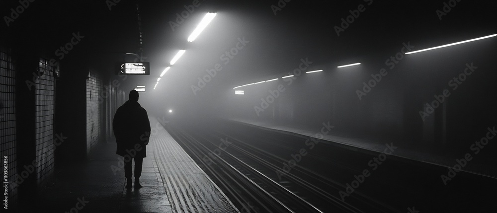 Poster endless subway tracks disappearing into the void like darkness of an eerie abandoned underground sta