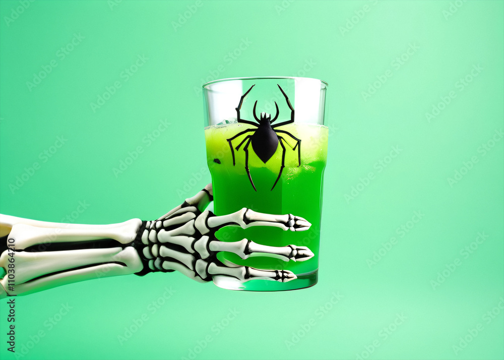 Poster skeleton hands hold a glass with green swamp punch and a floating spider on a light green background