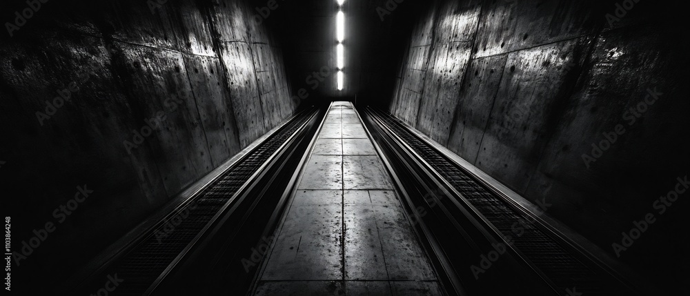 Poster mysterious and solitary elevator shaft with dim lighting and faint echoes of distant motion creating