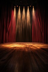 A stage with red curtains and a spotlight on the stage