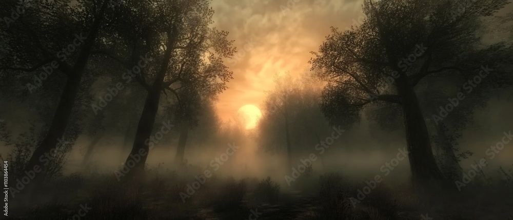Poster mysterious forest clearing shrouded in glowing mist and shadowy distorted trees creating an eerie en