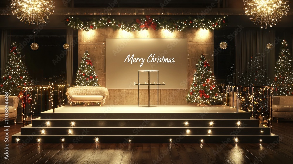 Poster sophisticated event setup: a simple podium stage designed for a new year event, enhanced with tastef