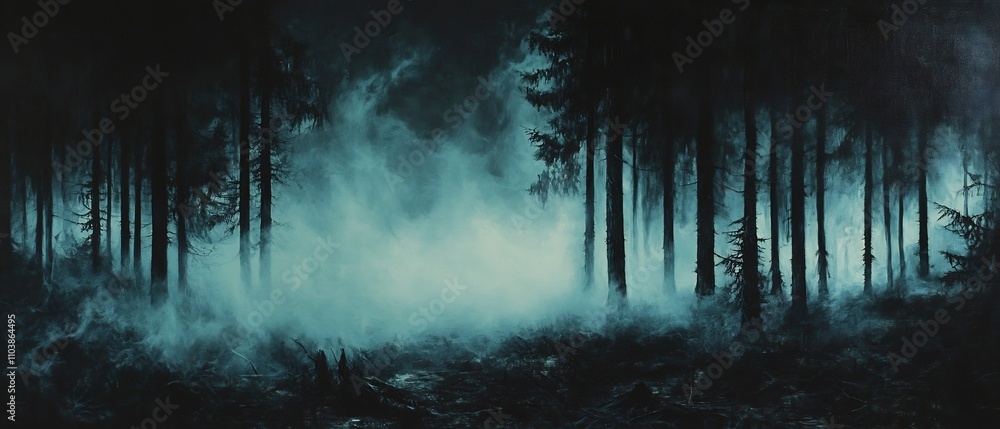 Poster eerie and atmospheric forest clearing with an otherworldly glowing mist and distorted shadowy trees 