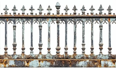 Ornate, rusty, metal fence; weathered, aged.