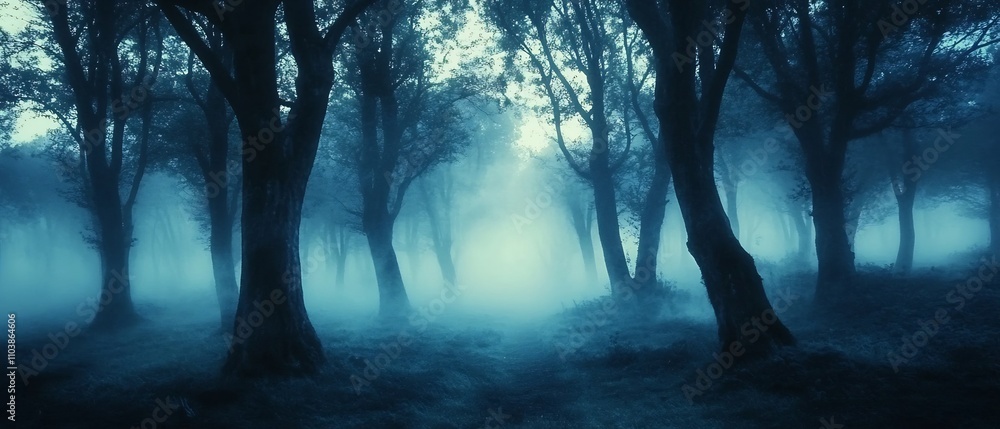 Poster eerie forest clearing shrouded in glowing mist with distorted shadowy trees creating a surreal and m