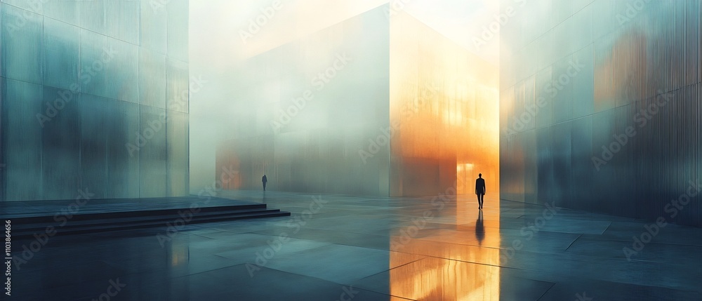 Poster surreal urban landscape blending modernist architecture with soft diffused lighting to create an amb