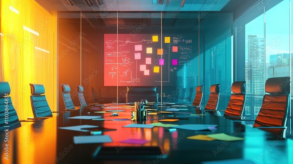 Poster a modern conference room with colorful notes on a projector screen, surrounded by sleek chairs and s