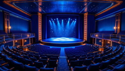 Naklejka premium Elegant cruise ship theater with plush blue seating, a starry stage backdrop, and soft lighting, set for a memorable performance.