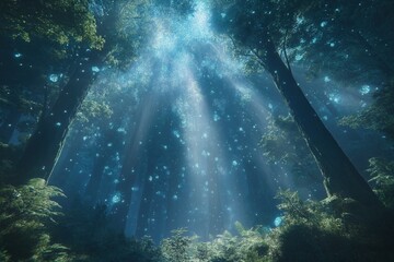 Fototapeta premium A forest with trees and a blue sky