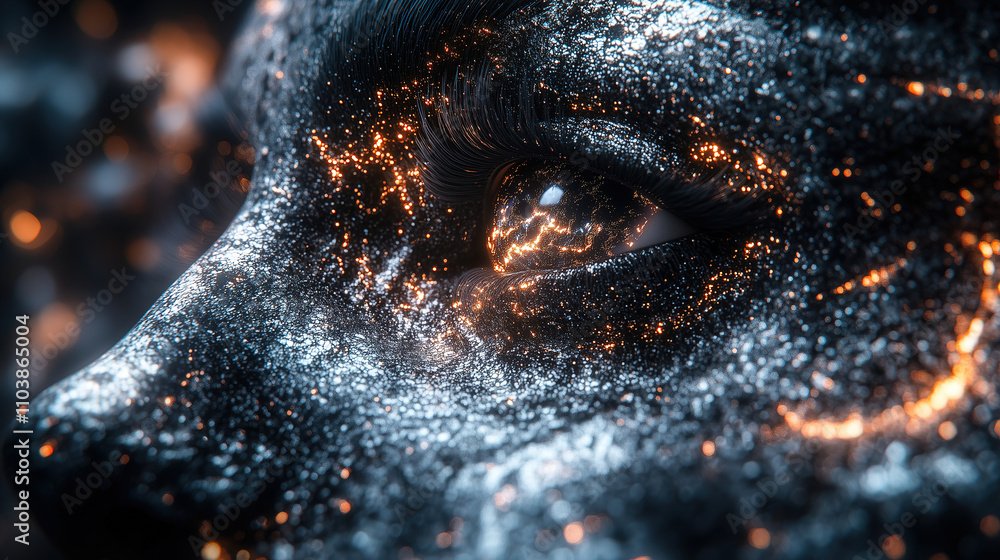 Aufkleber close-up of a woman's face adorned with shimmering cosmic patterns in a dark, ethereal environment. 