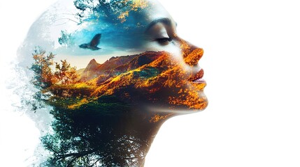 A serene profile of a woman merges with a vibrant landscape, symbolizing a connection between nature and human emotion.