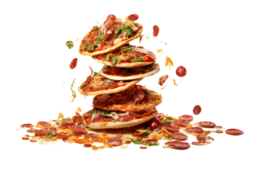 A whimsical scene of several pizza slices with diverse toppings, such as basil, sun-dried tomatoes, and pepperoni, floating in the air, creating an inviting and appetizing visual.