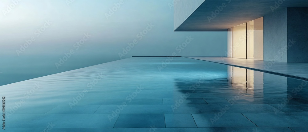 Poster serene minimalist pool at twilight with ethereal reflections and soft ripples on the calm water surf