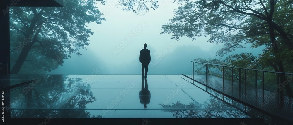 Poster peaceful observation deck overlooking a serene lake its view obscured by a glowing mist and faint re