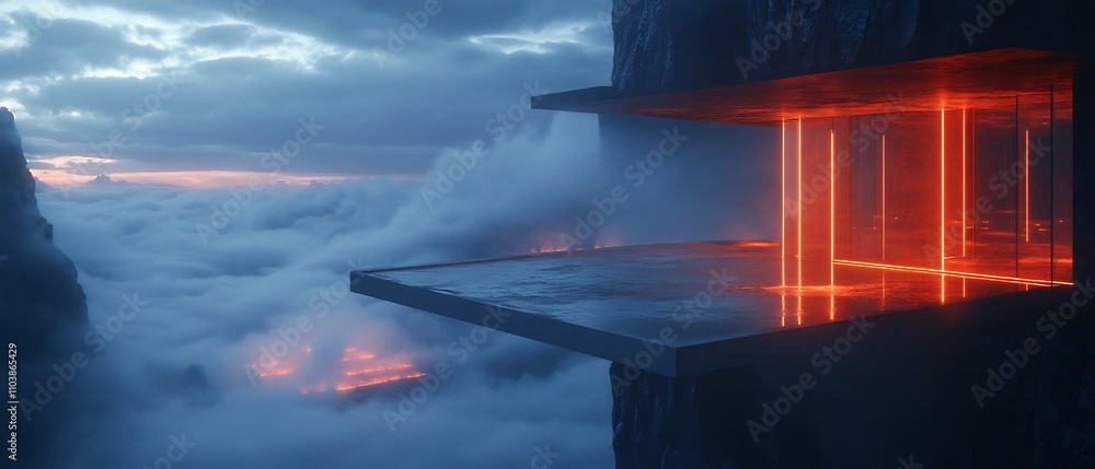 Poster Serene observation deck overlooking a captivating landscape its view obscured by glowing mist and faint reflections on the water creating a dreamlike mysterious atmosphere