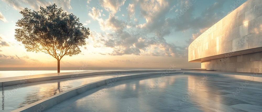 Aufkleber minimalist and vast open plaza with a serene reflection on the water blending seamlessly into a surr