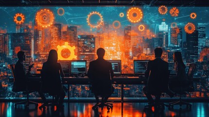 The screen is filled with gears and the people are working on a project