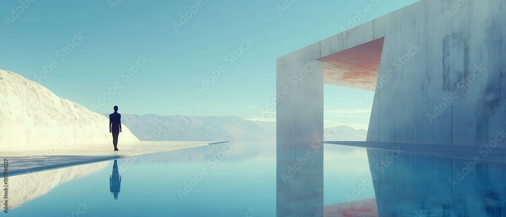 Poster serene and surreal scene of a still reflection pool its surface blending seamlessly into an expansiv