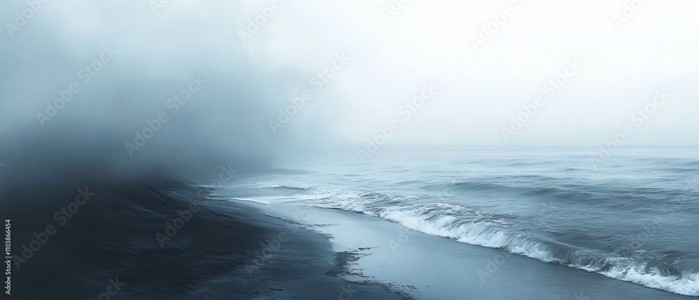 Poster liminal shoreline with ethereal waves fading into a misty atmospheric void where the horizon blends 