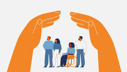 Human hands create secure environment via home roof gesture above people. Two arms protect and care about men and women. Legal defense, shelter, medical and life insurance for civil persons. Vector