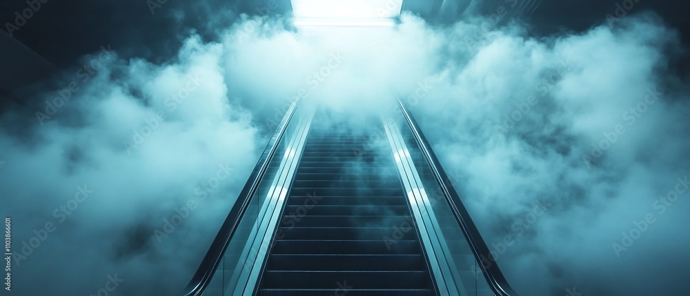 Poster captivating image of a surreal escalator ascending into a misty undefined ethereal space evoking a d