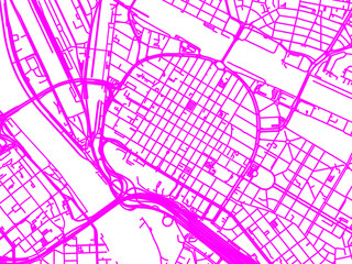 Neon Style Road Map overlay of Mannheim Zentrum, Germany in in Bright Pink.